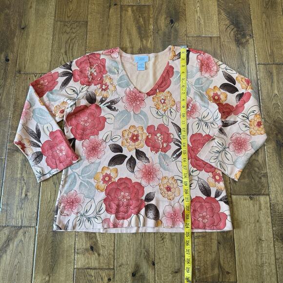 Shore Coral Peach Floral Silk Blend V-Neck Sweater Womens Sz XL Sequens - Picture 3 of 5